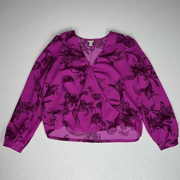 A New Day Purple Floral V Neck Puff Sleeve Wrap Top Size M - Picture 4 of 10